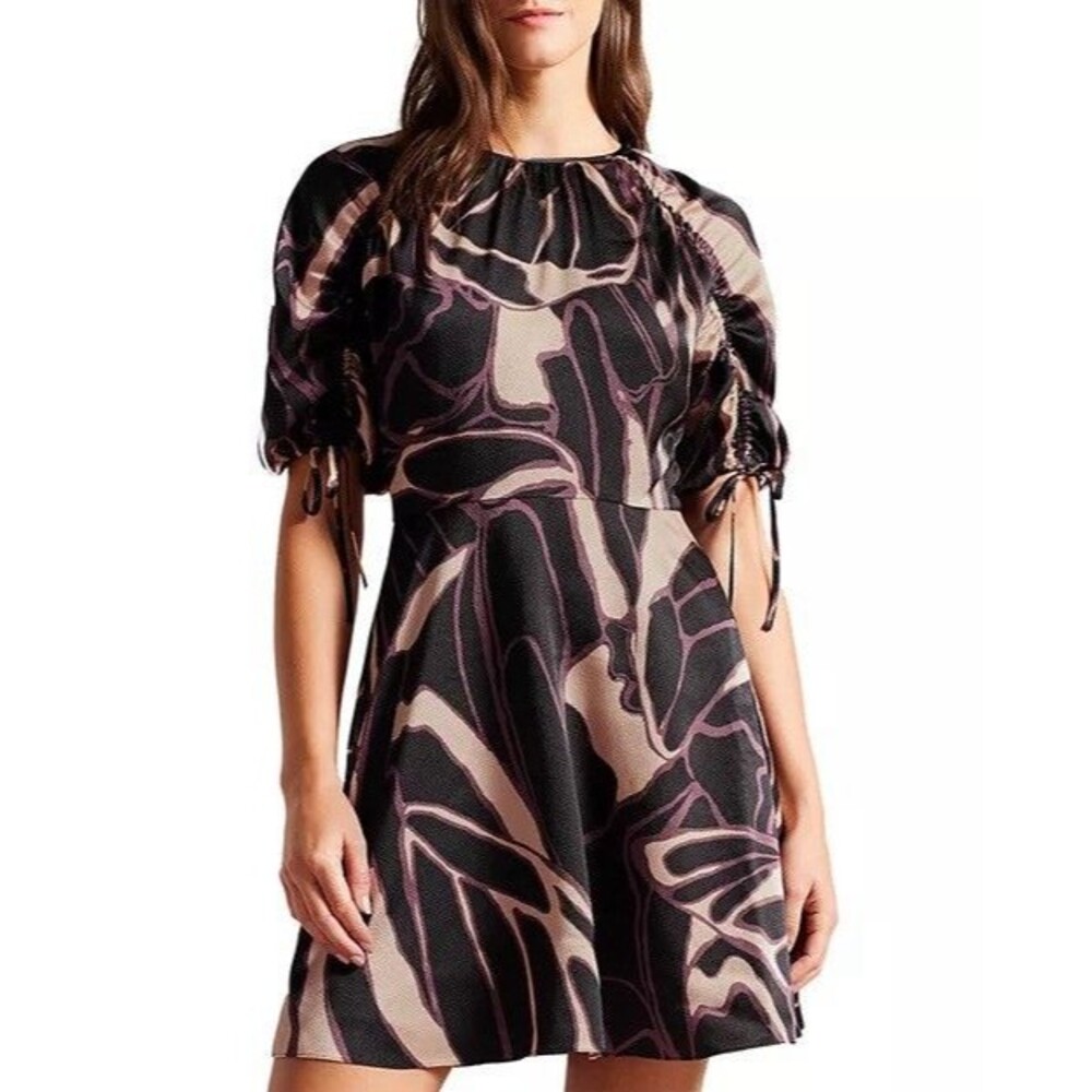 Ted Baker Size 0 Womens Gilliaa Printed Mini Fit and Flare Puff Sleeve Dress NWT